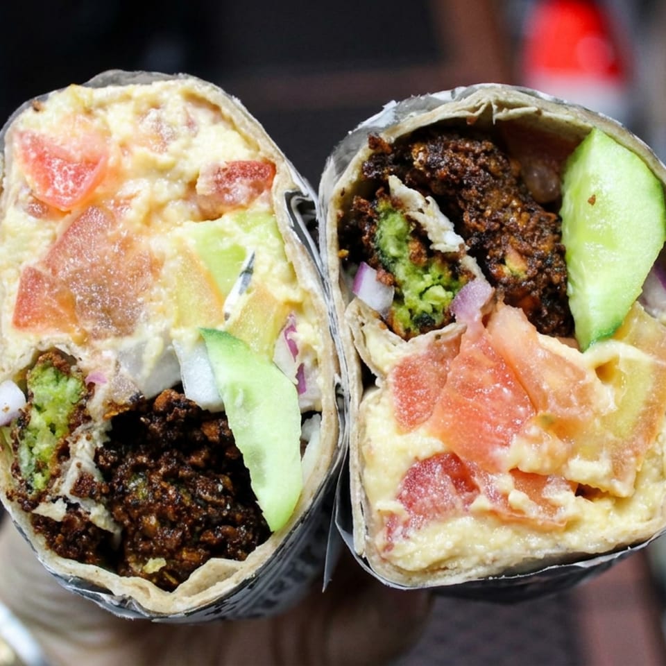 Two halved wraps filled with spiced meat, creamy hummus, tomatoes, avocado, cucumber, and onions.
