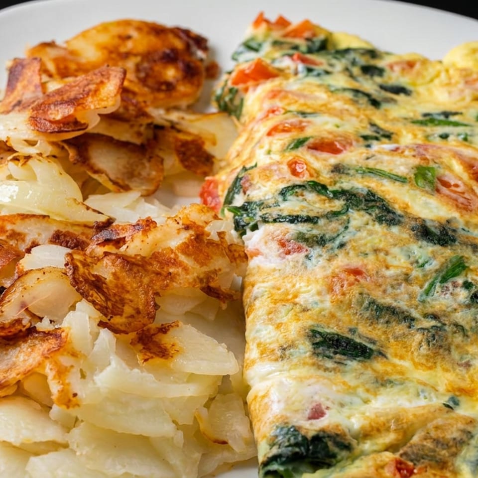 Plate of spinach and tomato omelet served with crispy roasted potatoes and onions.
