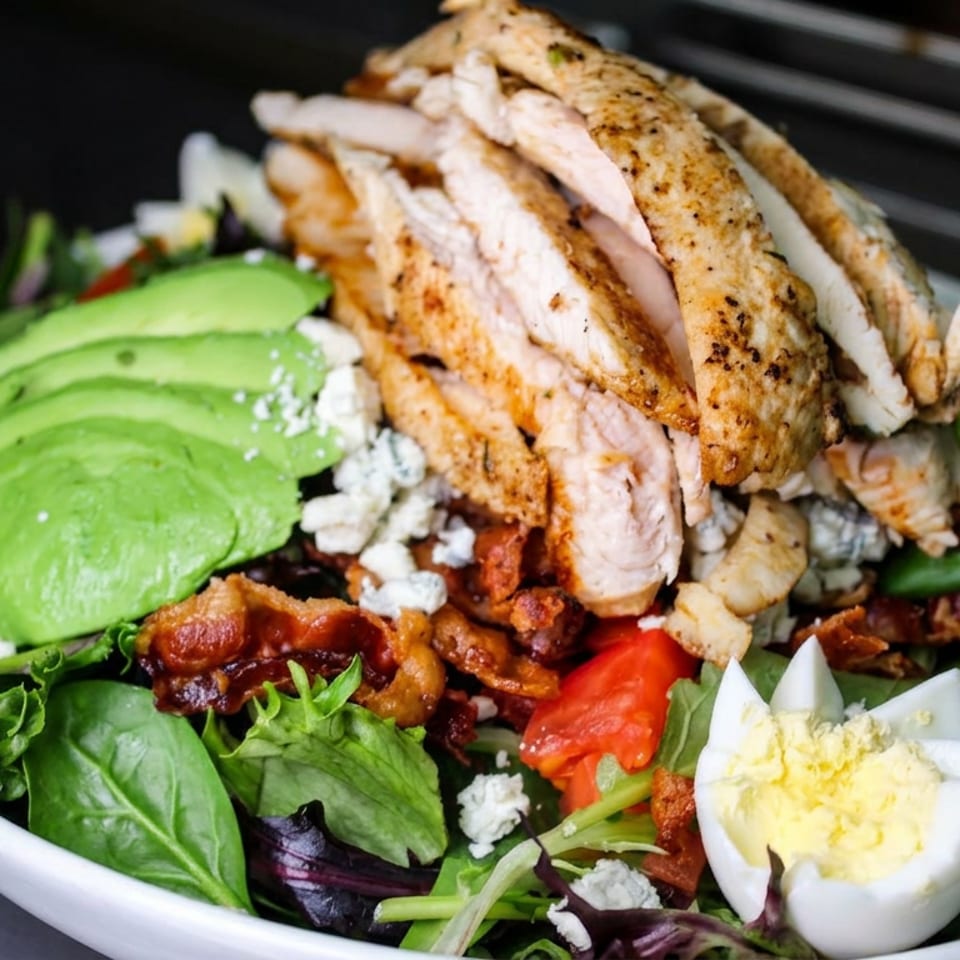 Grilled chicken salad with avocado, bacon, blue cheese, tomatoes, greens, and a sliced hard-boiled egg.