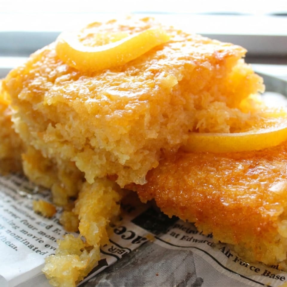 Golden orange-glazed cake squares topped with orange slices, powdered sugar, and served on newspaper-lined metal plate.