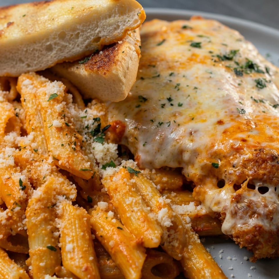 Chicken parmesan with melted cheese, penne pasta in tomato sauce, and garlic bread served on a gray plate.